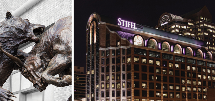 Stifel bull and bear statue next to image of downtown St. Louis Stifel home office.