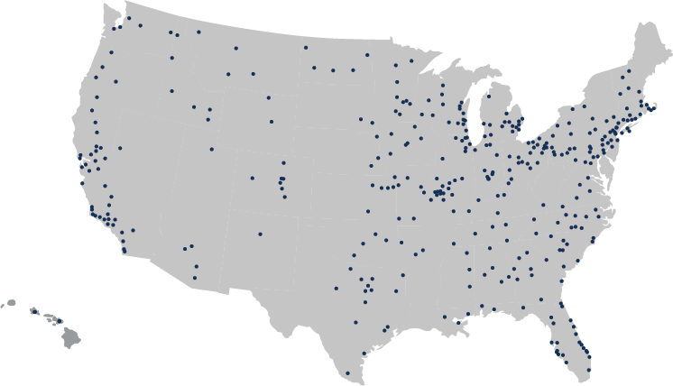 Dark Gray map of the United States with navy blue dots indicating the more than 400 branches of Stifel